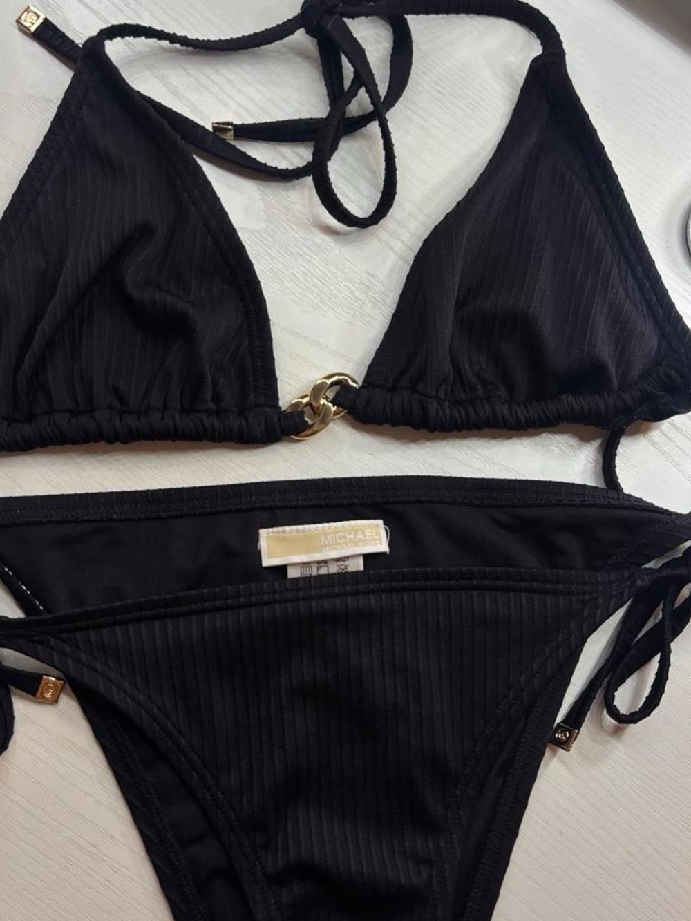 MICHAEL Michael Kors Black Ribbed Triangle Bikini with Gold Accent